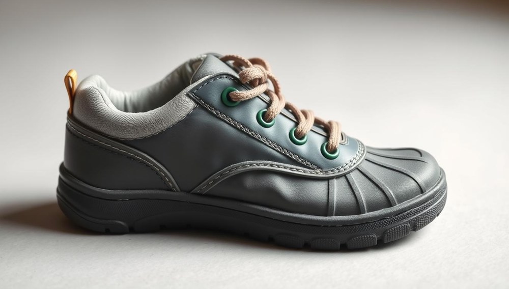 A detailed, high-quality photograph of a pair of waterproof children's shoes, showcasing their construction and materials. The shoes are a classic, standard design in neutral, natural colors such as grays, blues, and greens. They are positioned on a plain, uncluttered surface with soft, even lighting from the side, creating depth and highlighting the textures and features. The shoes demonstrate the typical weatherproofing technologies used, such as sealed seams, water-resistant fabrics, and sturdy soles, all captured in a photorealistic, accurate manner without any fantasy elements.