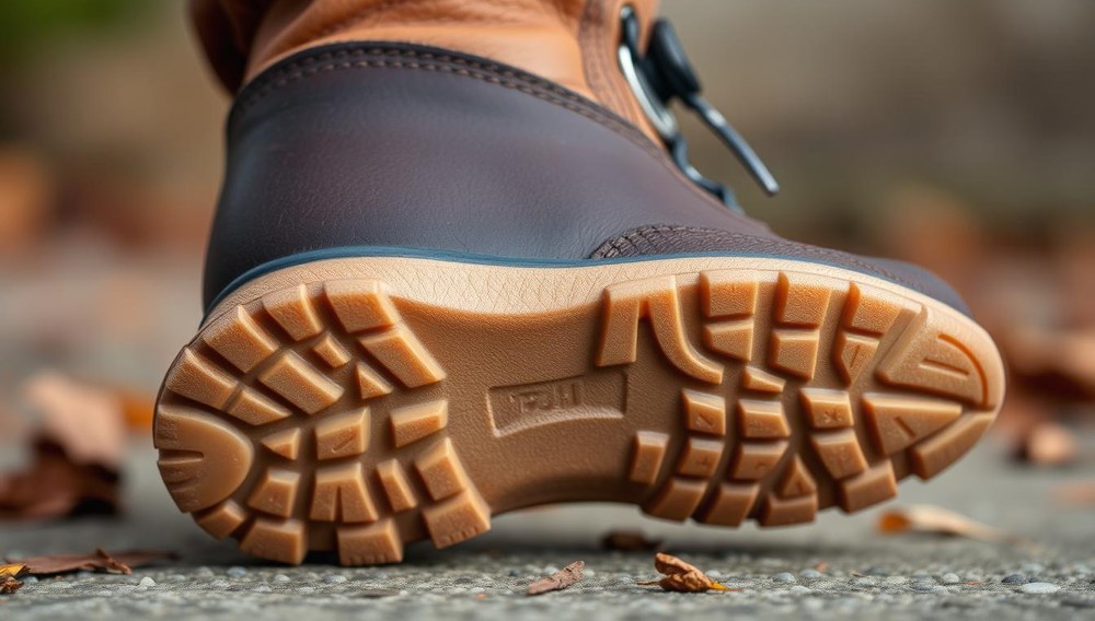 A high-quality, photorealistic image of a sturdy, natural-colored rubber sole with a textured tread, securely attached to a durable leather upper featuring a reinforced heel counter, providing a strong and supportive foundation for a child's foot. The image should capture the essential elements of a well-designed, functional, and weather-resistant autumn/spring boot, with an emphasis on the protective, high-quality construction of the heel and sole to safeguard a young boy's feet from moisture and cold.