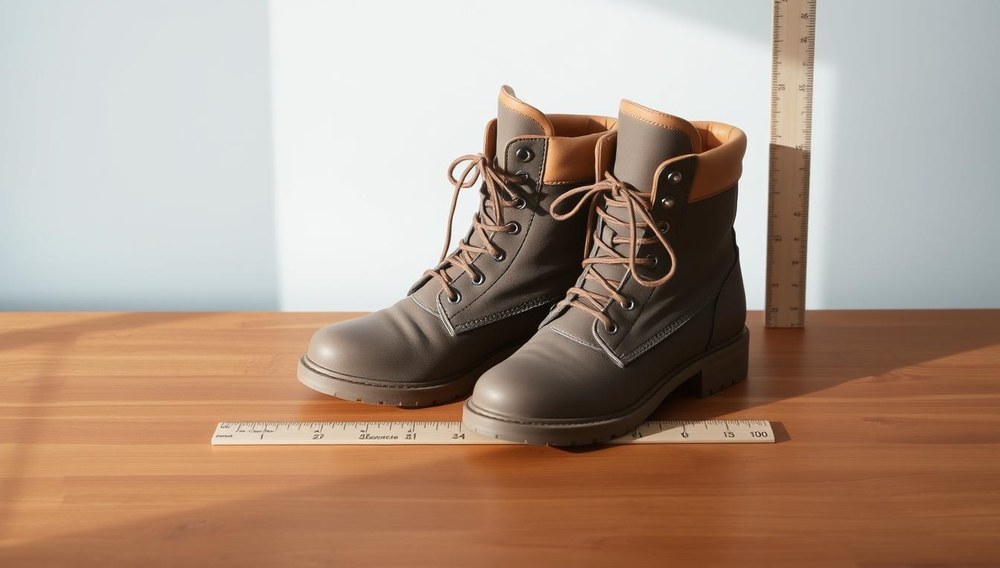 A well-fitted pair of mid-season boots sits atop a wooden surface, with a ruler nearby to showcase the sizing details. The boots are crafted from a smooth, water-resistant material, with sturdy soles designed to provide traction and support. Soft, supple leather trims the upper, ensuring a comfortable, snug fit around the ankle. The laces are neatly tied, complementing the overall sleek and practical appearance. Soft, diffused lighting casts gentle shadows, highlighting the textural elements and creating a sense of depth and dimension. The composition is clean and minimalist, allowing the boots to take center stage and emphasize the importance of proper fit and comfort for this transitional footwear.