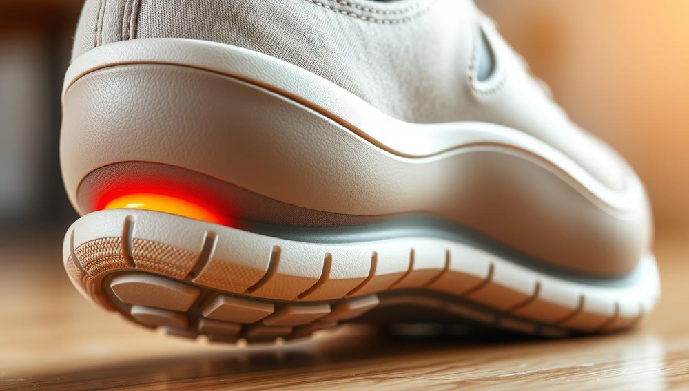 Photorealistic image of anatomically correct footwear designed to alleviate heel spur pain. A detailed close-up view showcases the supportive, contoured sole and cushioned heel cup. The shoe features a neutral, natural color palette and materials with a standard, practical design. High-quality rendering captures the accurate details and construction, conveying a sense of quality and comfort for everyday wear.