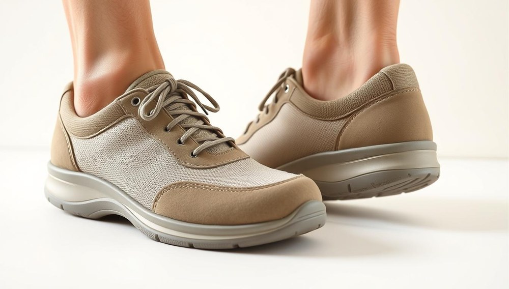 A detailed photorealistic image of a pair of high-quality orthopedic shoes designed for heel spur prevention. The shoes feature a sturdy yet comfortable construction, with a contoured sole that supports the arch and heel. The upper is a neutral-toned, breathable material, and the laces allow for a customized fit. The shoes are shown against a plain background, allowing the craftsmanship and functionality to be the focal point. The lighting is natural and diffused, highlighting the materials and textures. The overall impression is of a practical, effective solution to heel spur discomfort.
