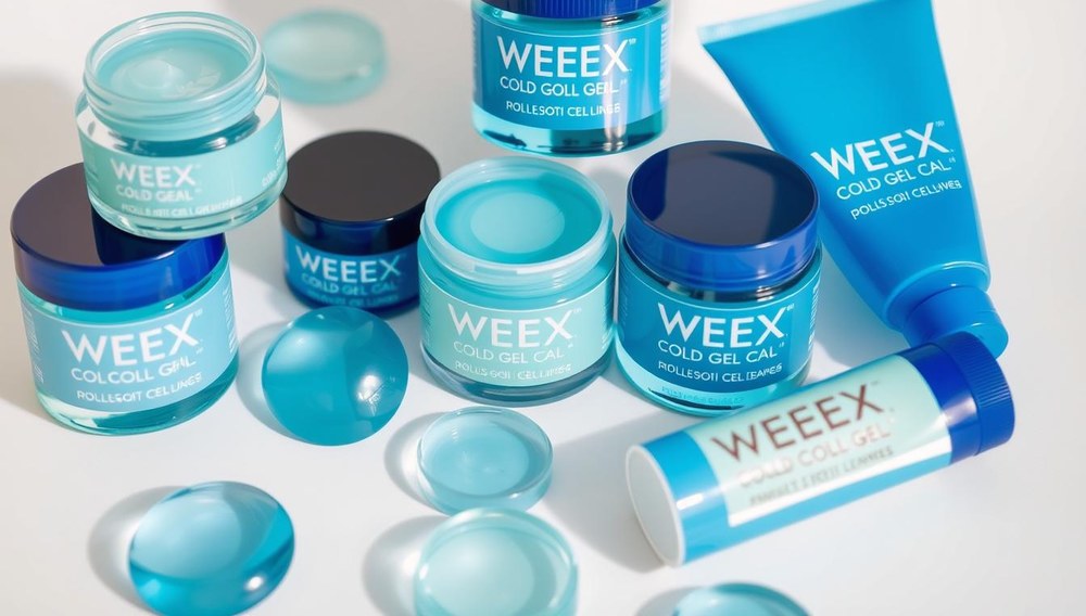 Photorealistic close-up of an assortment of WEEX cold gel products, including jars and tubes, arranged on a plain white background. The gels are in various shades of blue and green, capturing the cool, soothing tones associated with the product's formulation. Lighting is soft and diffused, highlighting the translucent, gel-like textures. The composition is balanced and aesthetically pleasing, showcasing the products' quality and natural appeal. No additional text or branding is present, allowing the gels to be the focal point.